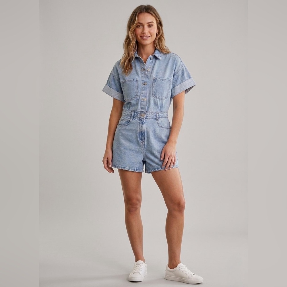 New! Light Denim Short Sleeve Romper with Elastic Waist and Pockets